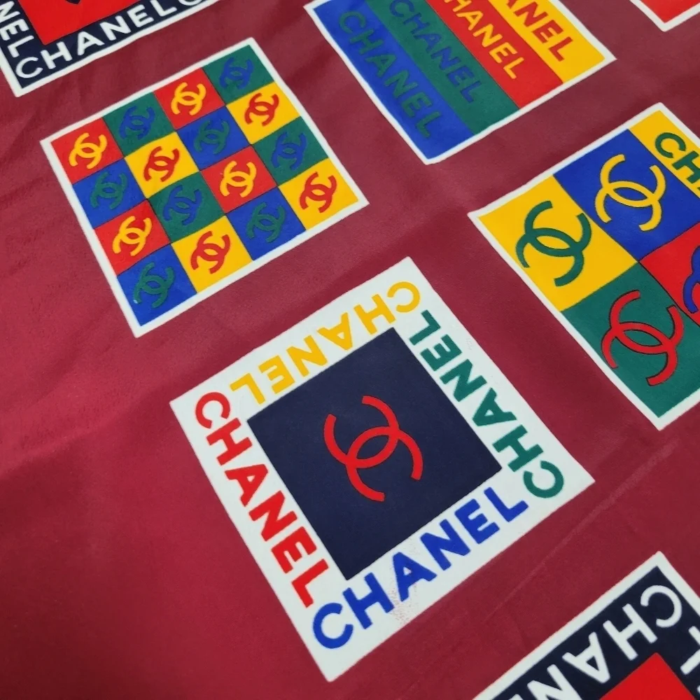 CHANEL Vibrant Geometric Logo Multicolor 100% Silk Scarf Burgundy 35x35